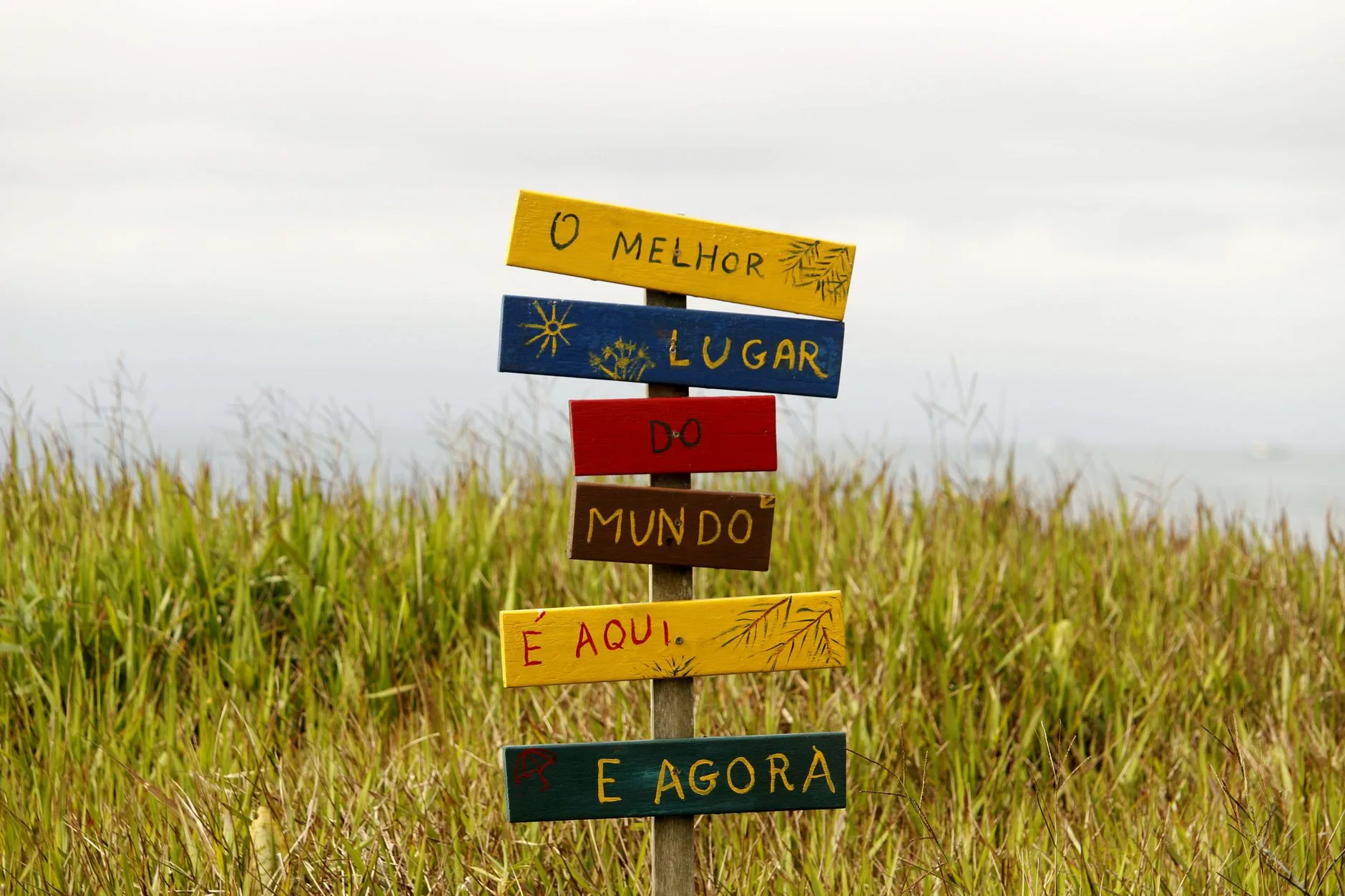 Melhores prompts para vibe coding em português — Placa vibrante e multilíngue em um campo gramado em Guaratuba, Paraná,