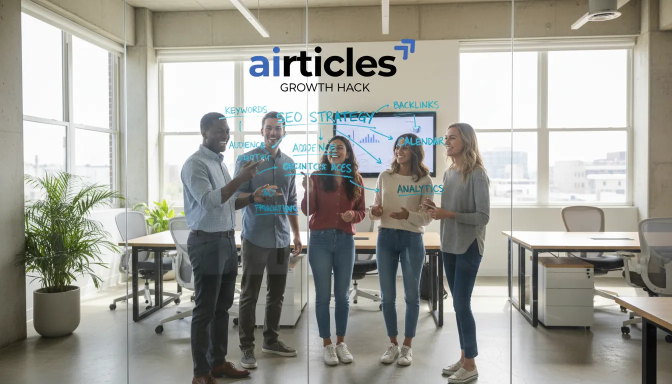 Brainstorming SEO strategies to understand how to improve your SEO ranking quickly. Fotorrealism of diverse team at work.