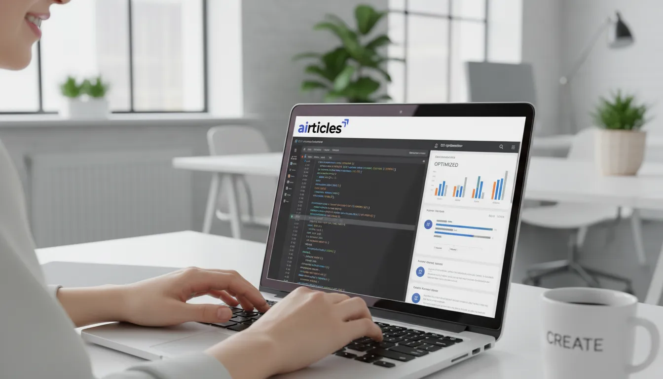 Hands optimizing code on laptop. Learn how to improve your SEO ranking quickly through technical strategies. Fotorrealism in office.