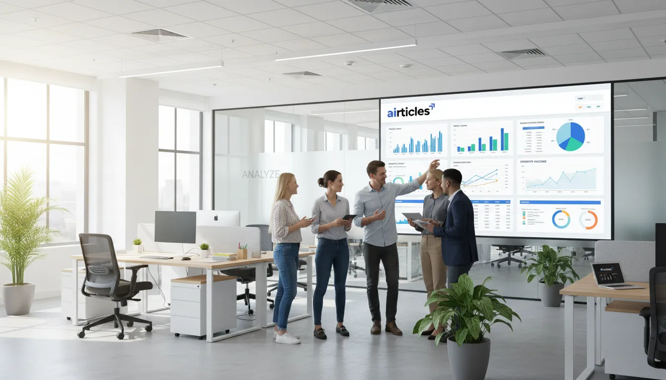 Team analyzing data on how to improve your SEO ranking quickly, enhancing online visibility. Fotorrealism of collaborative success.