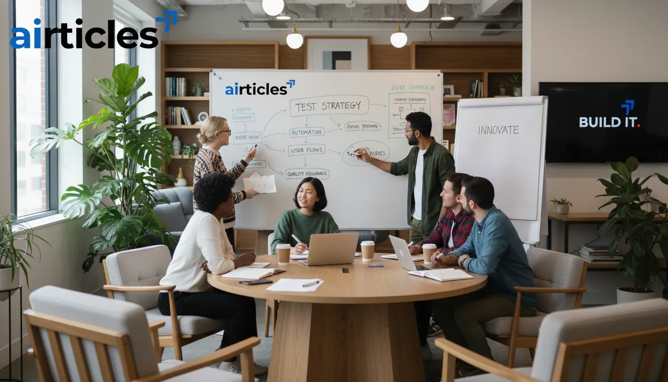 Brainstorming session focused on 'test' development with a diverse team in a modern office, highlighting teamwork and innovation.