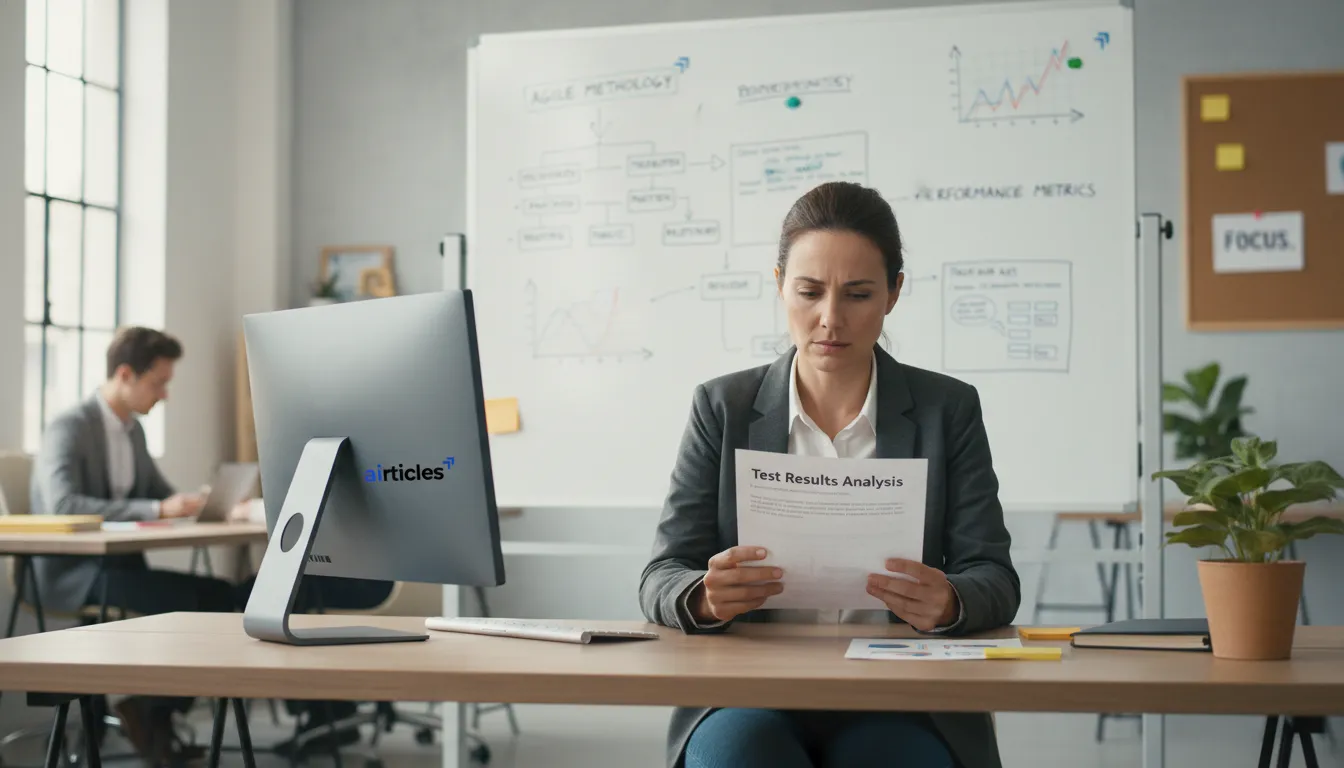 Close-up of employee analyzing 'test' results in a modern office. The focus is on data analysis and problem-solving in a positive environment.