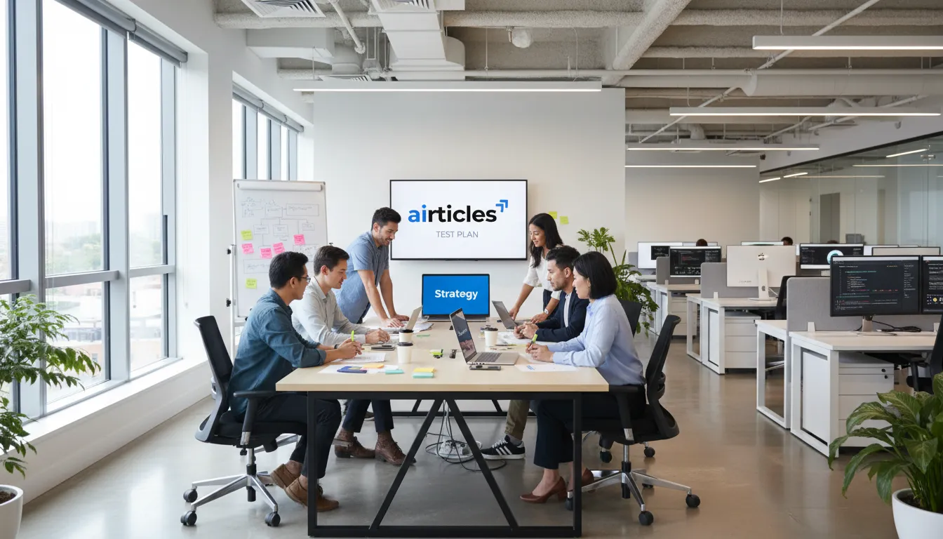 A collaborative office scene depicting a team strategizing around a 'test', symbolizing teamwork and strategic planning in a modern FAANG-like setting.