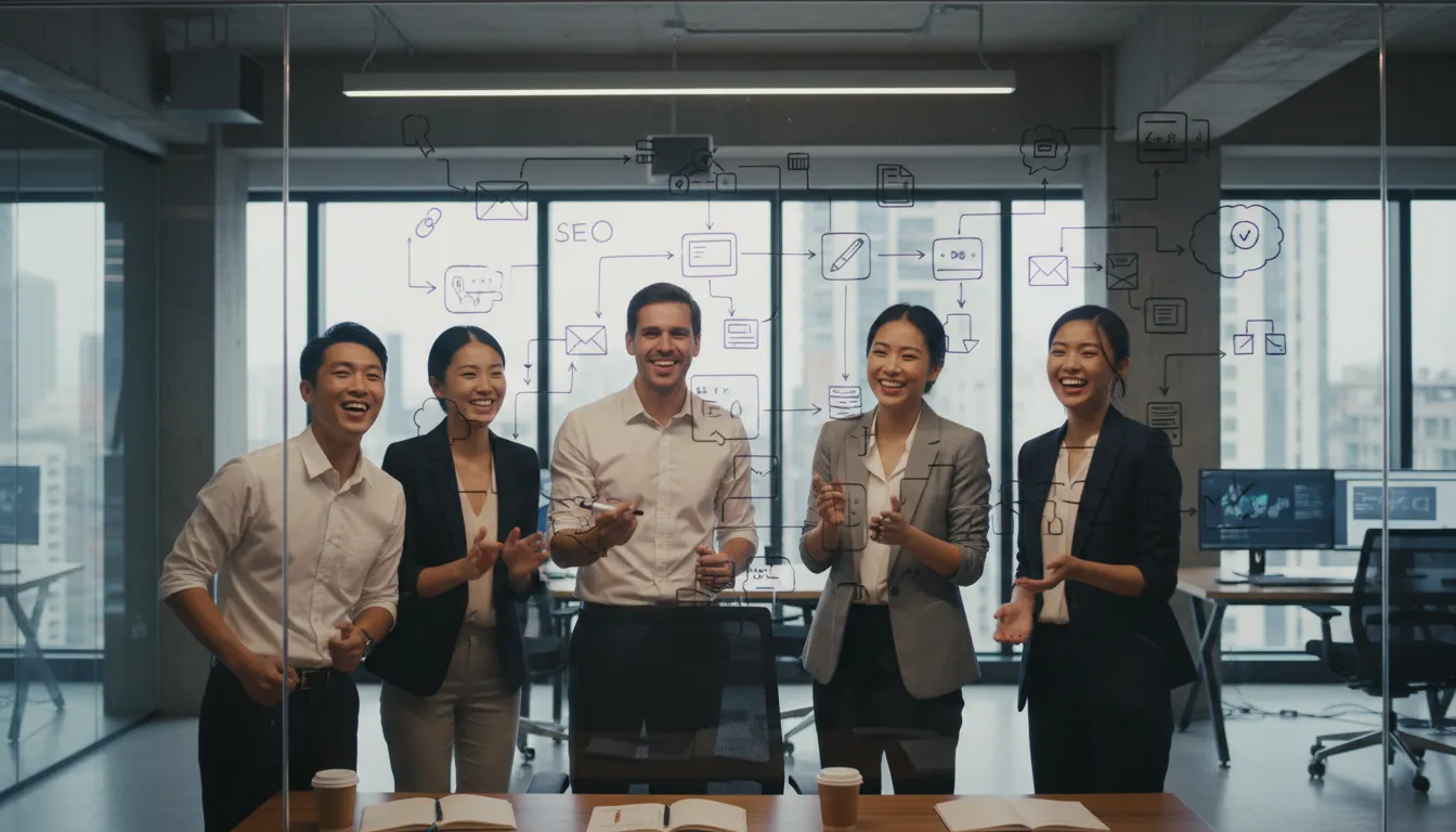 Brainstorming session on how to improve your SEO ranking fast with link building, content, and technical SEO strategies. Happy work environment.