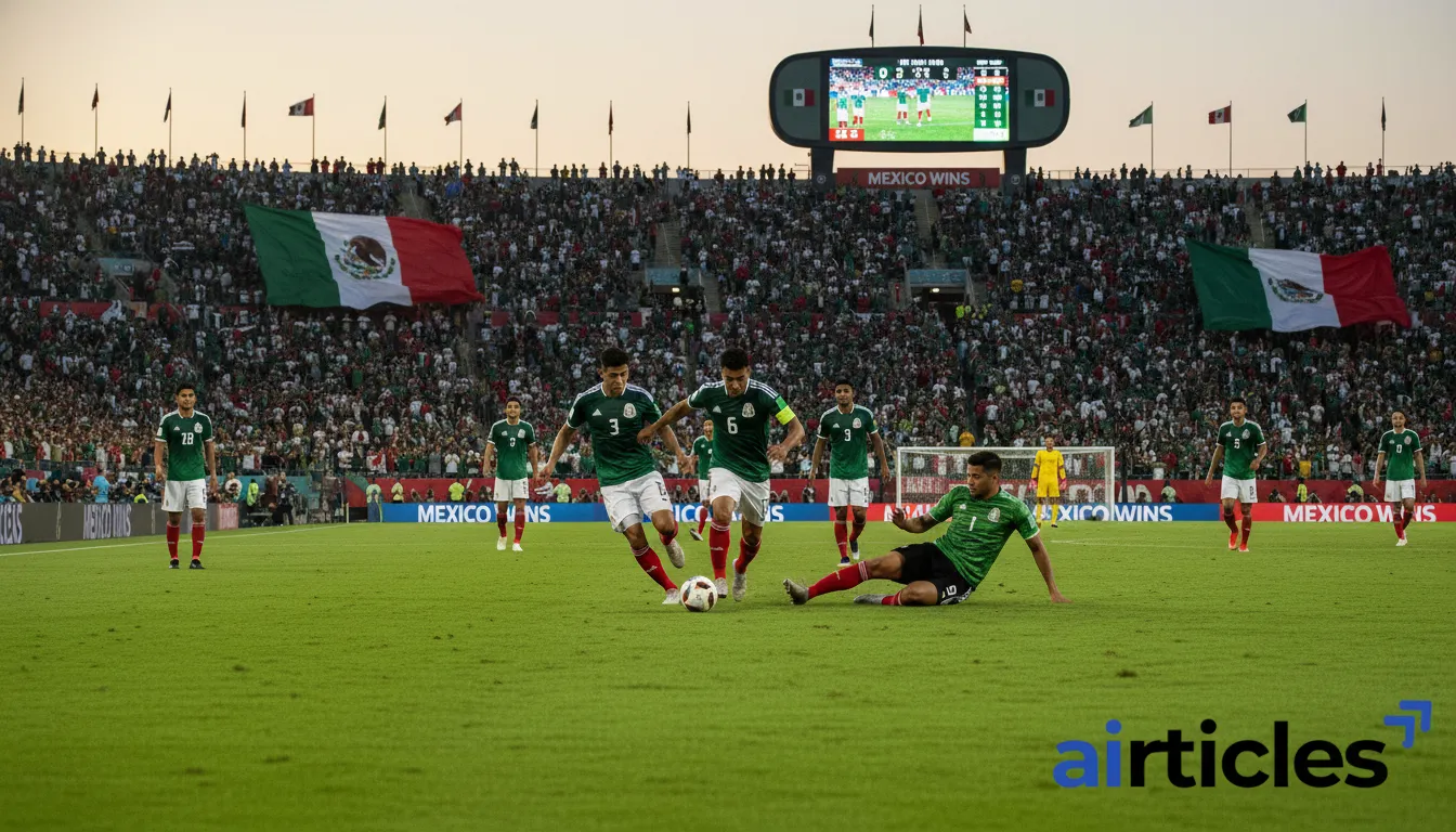 mexico-national-football-team-packed-stadium The Mexico national football team playing in a packed stadium, captured in a photorealistic style. Intense game atmosphere.
