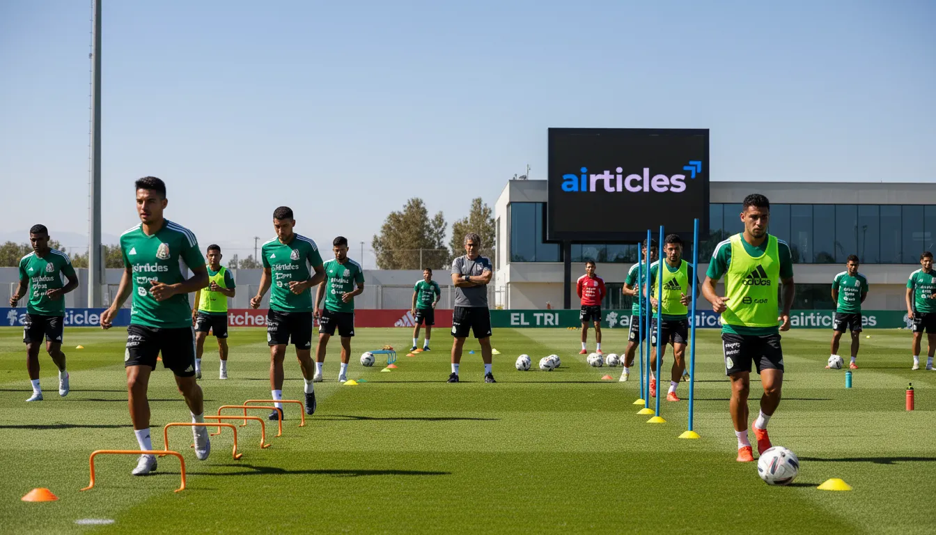 Mexico national football team training session, showcasing dedication and teamwork. Photorealistic style.