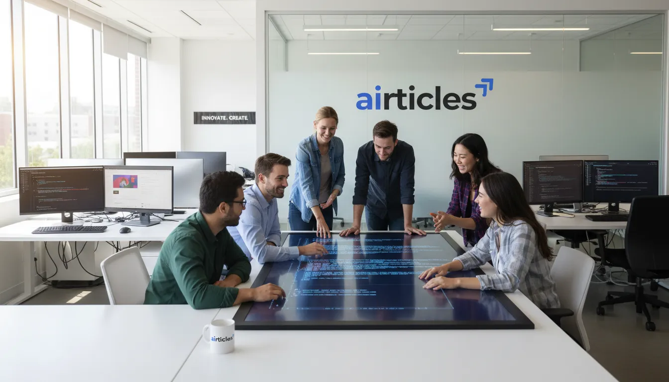 Modern office showcasing collaborative web dev team coding.