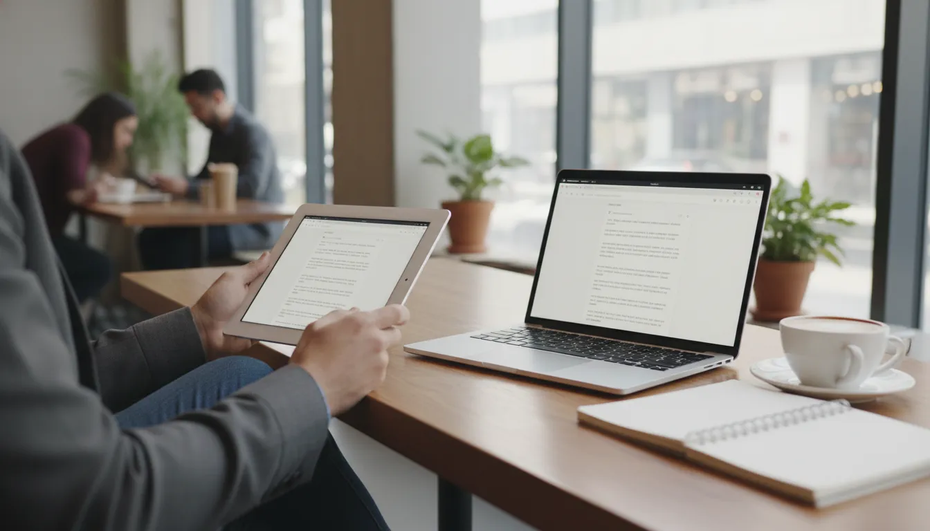 Pessoa utilizando o Google Docs em múltiplos dispositivos, como tablet e laptop, garantindo acesso flexível e edição.