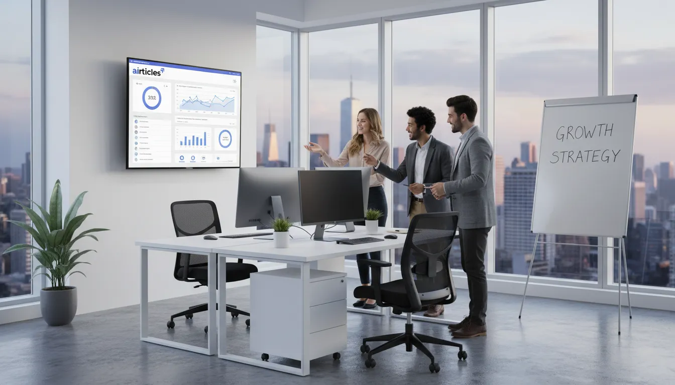 profissionais-colaborando-ferramenta-seo-marketing-escritorio-analise-dados Profissionais colaborando em uma ferramenta de seo marketing em um escritório moderno e iluminado, analisando dados de performance.
