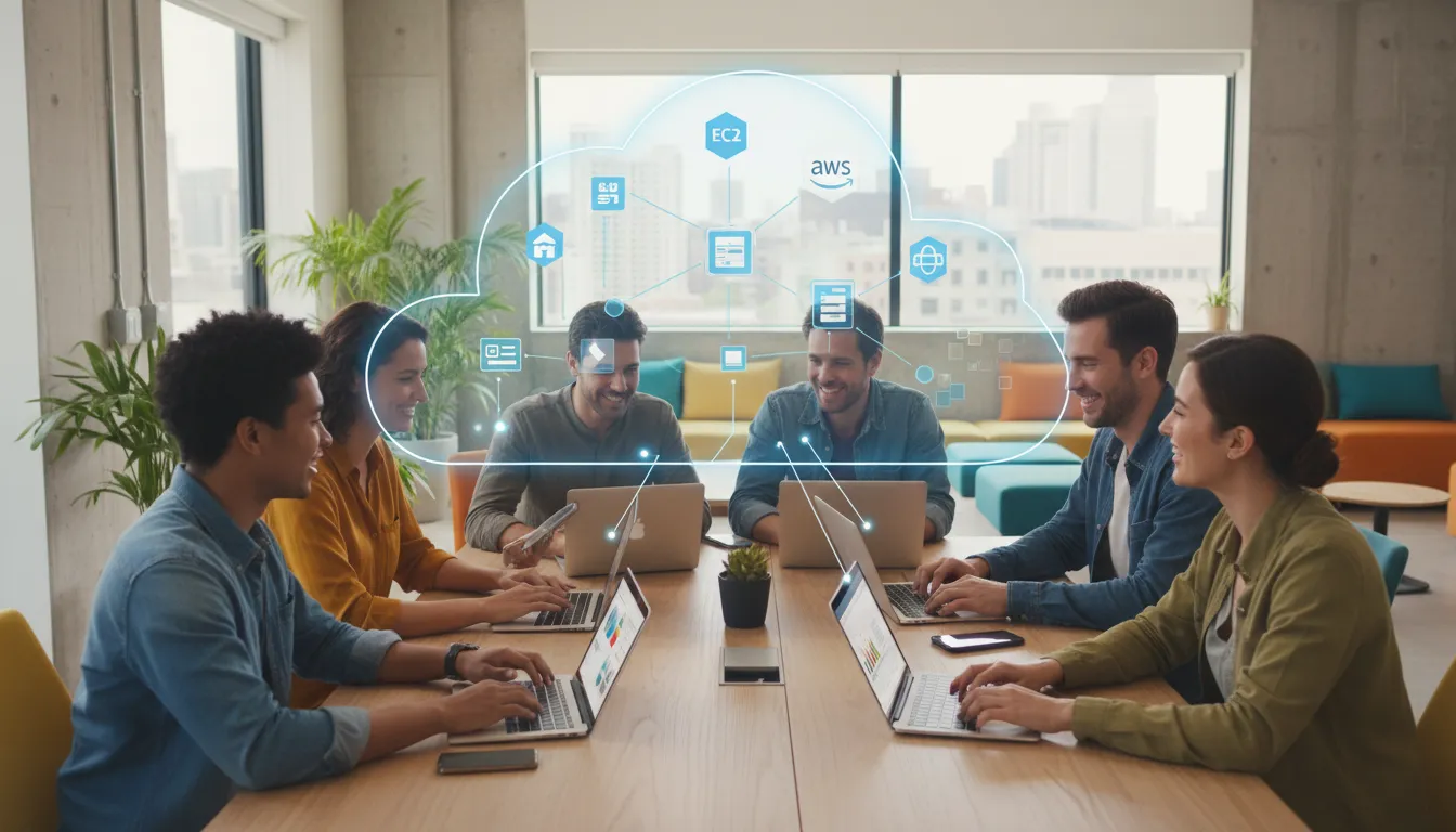 Profissionais diversos colaborando em um projeto impulsionado pela infraestrutura AWS, destacando a eficiência e o trabalho em equipe.