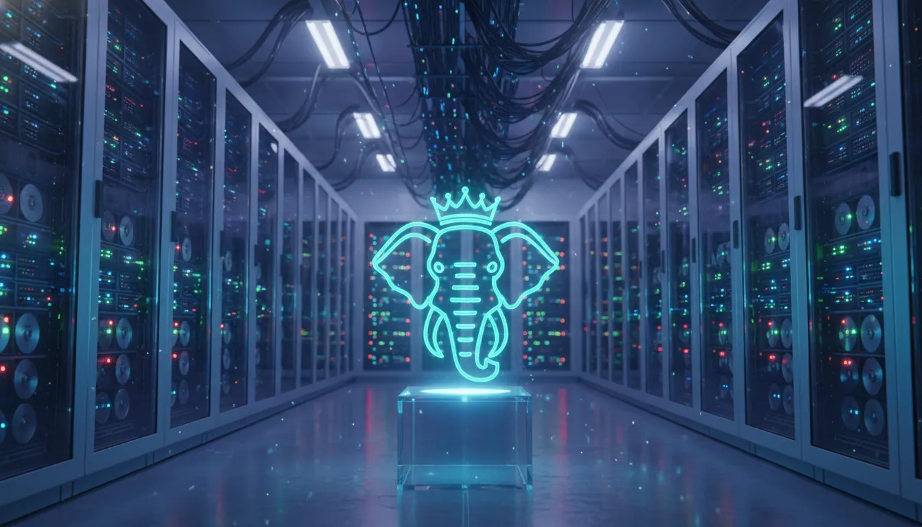 Sala de servidores com o logo PostgreSQL em projeção holográfica, simbolizando a confiabilidade do sistema.