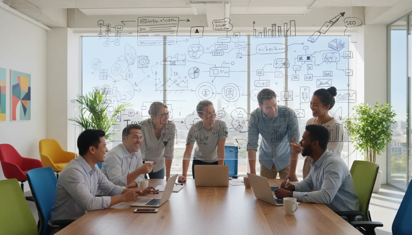 Coworkers brainstorming SEO strategies, using an seo marketing tool to improve search engine rankings and visibility.