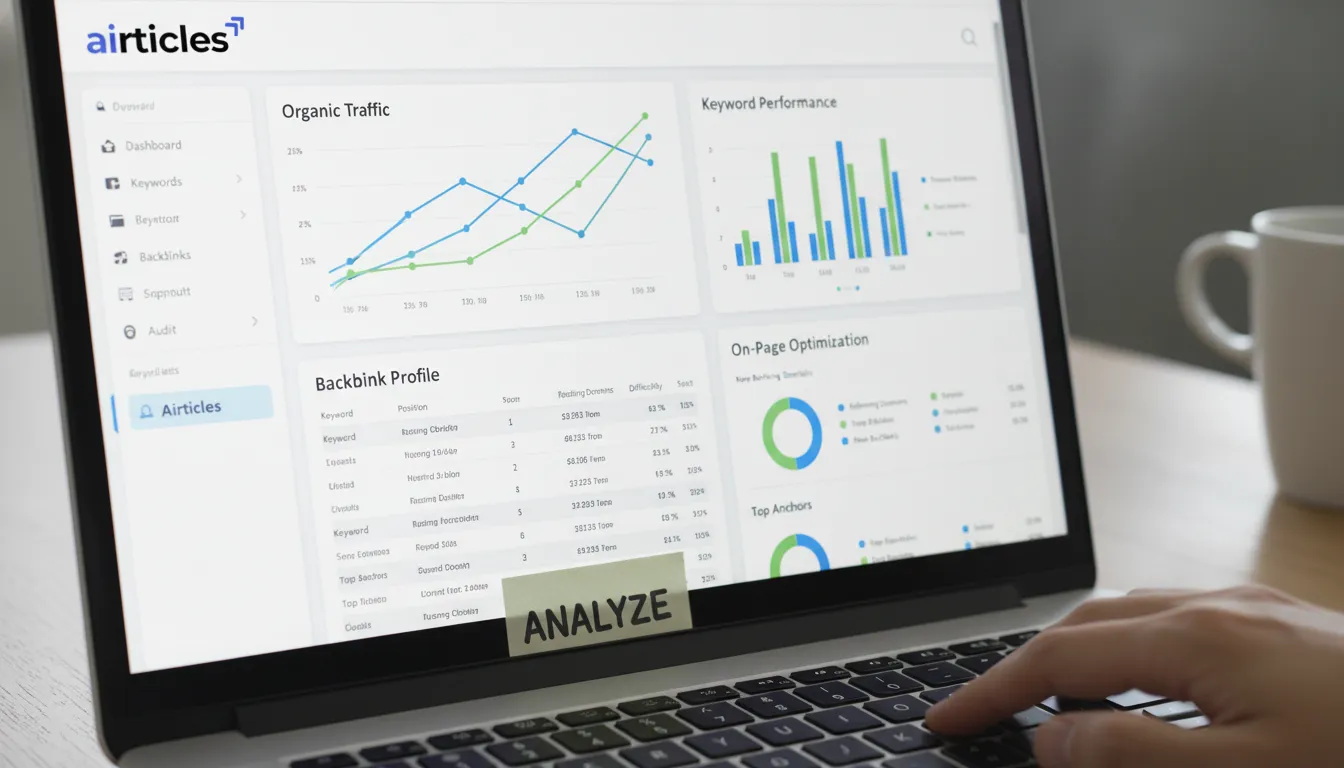 SEO marketing tool interface showing keyword ranking and backlink analysis.
