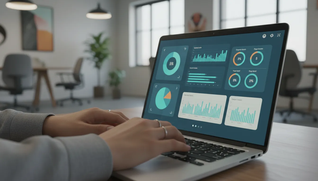 Hands typing on a laptop using seo marketing tools, highlighting digital optimization and data analysis.