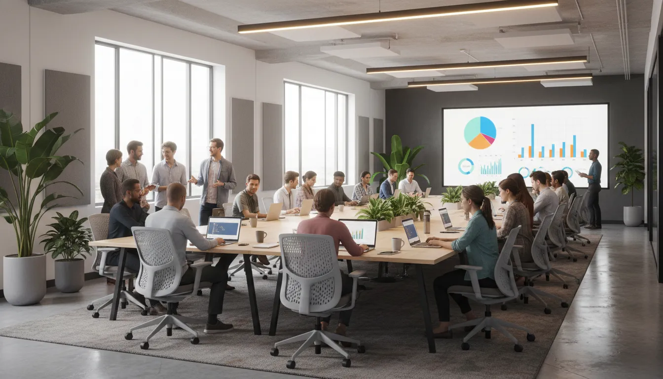 A diverse team using an seo marketing tool to analyze website performance, enhancing digital strategy.