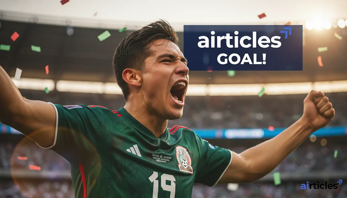 Close-up of a star player celebrating a goal for the Mexico national football team. Photorealistic and dynamic.