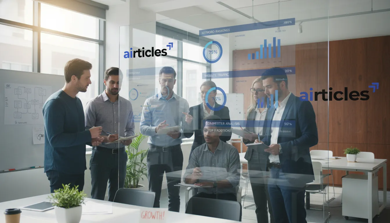 Team using SEO marketing tool to analyze website performance data for Airticles.