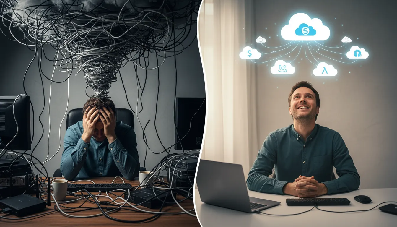 Transição fotorrealista para a computação em nuvem AWS, mostrando a organização e alívio proporcionados pela migração para a nuvem.