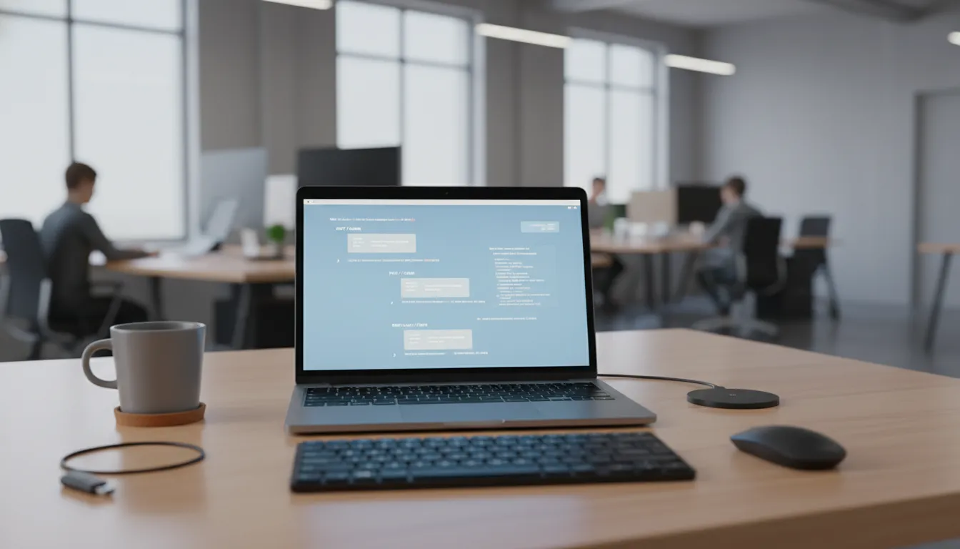 Visão fotorrealista de um ambiente de trabalho com um laptop exibindo código REST API em pt-br, destacando os primeiros passos e conceitos chave.