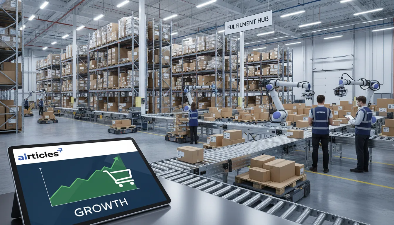 Centro distribuição e-commerce com robôs e humanos, tablet mostra aumento vendas impulsionado por SEO.