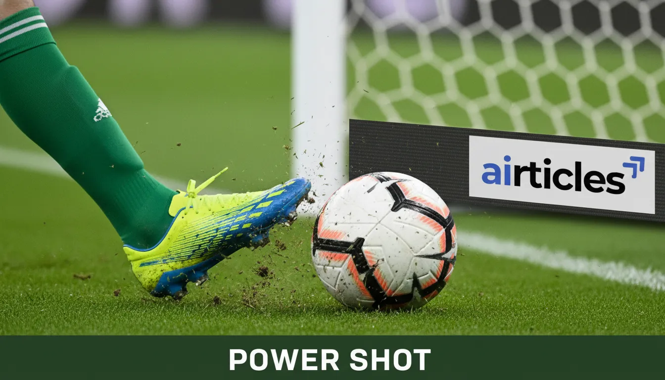 Chuteira de jogador da seleção mexicana de futebol em close-up, acertando a bola com força em campo verde.