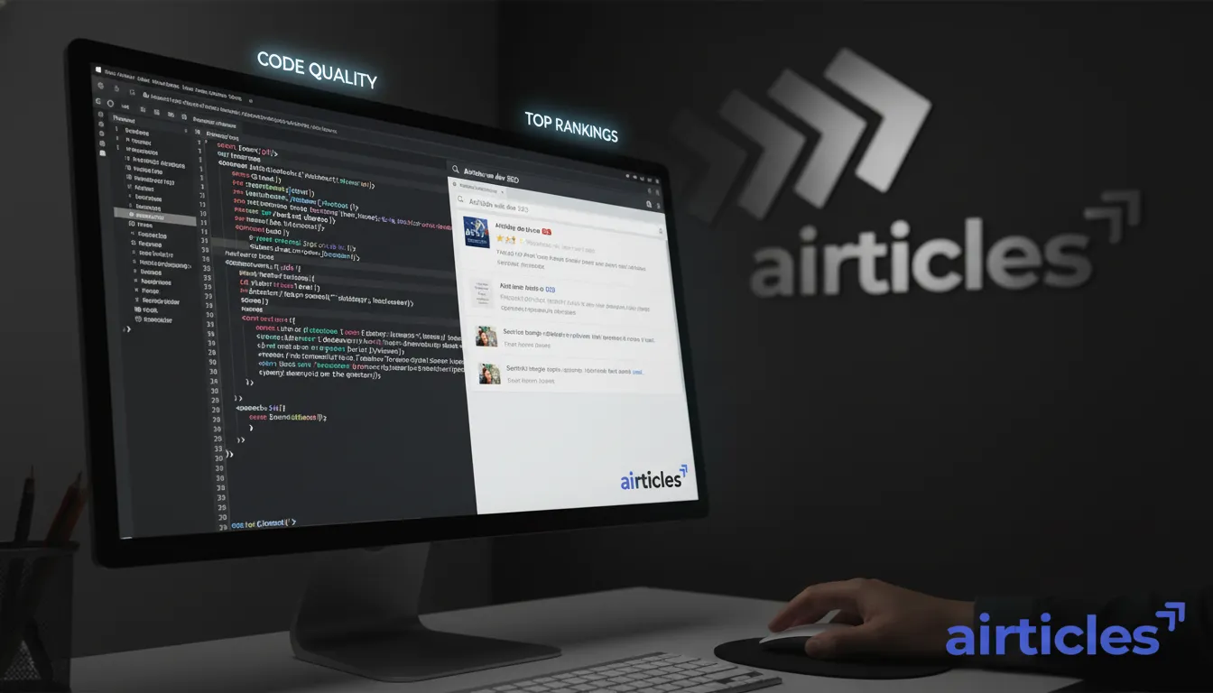 Tela de computador exibindo código otimizado e SERP de sucesso, ilustrando melhores práticas em web dev SEO.