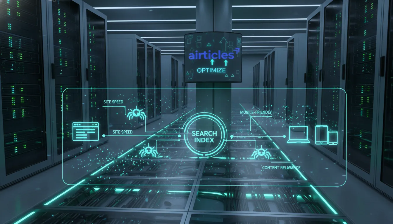 Data center moderno com infográfico de fluxo de dados, simbolizando melhores práticas em web dev SEO e visibilidade.