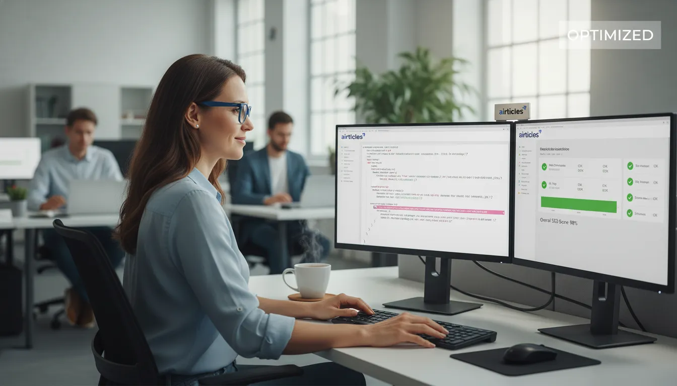 Desenvolvedora otimizando código para melhores práticas em web dev SEO com ferramentas avançadas e foco.