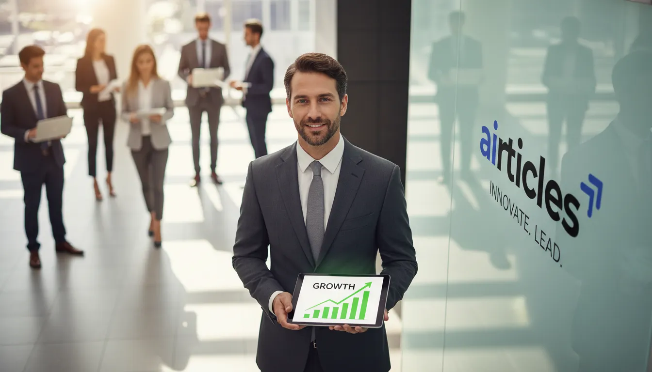 Empresário confiante em um terno Jos A. Bank, tablet em mãos, liderando sua empresa rumo ao sucesso em 2026.