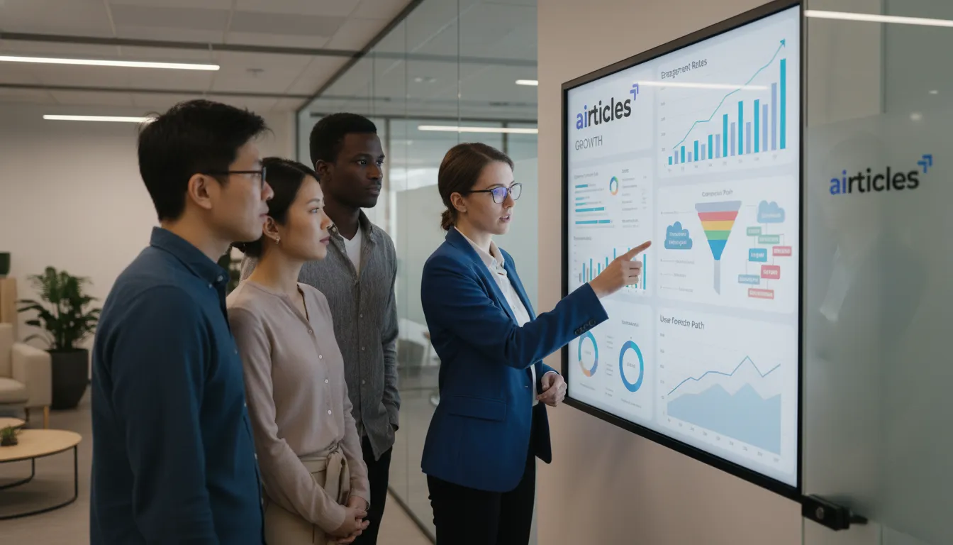 Equipe analisa dashboard digital com métricas de conteúdo, avaliando resultados de um teste. Foco em desempenho e feedback.
