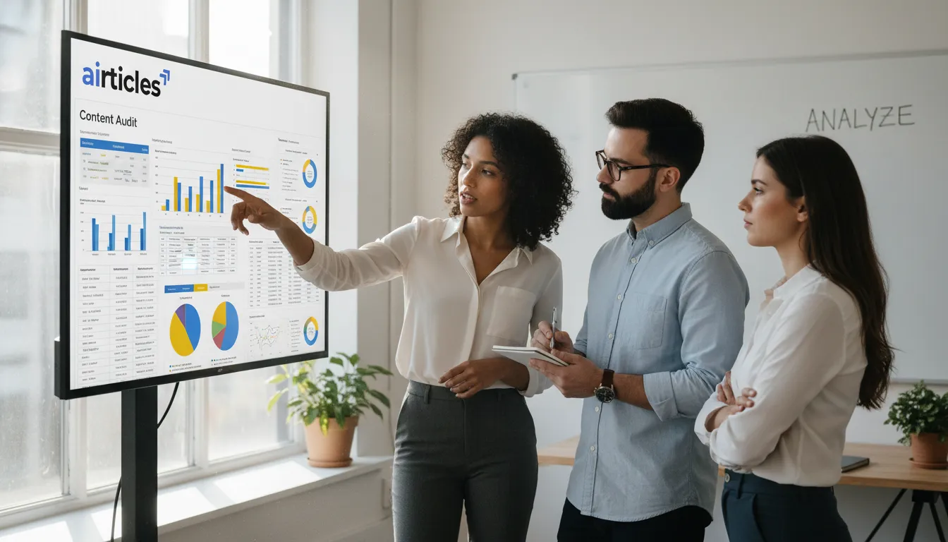 Equipe diversa analisa relatório de conteúdo em monitor, realizando teste de qualidade e otimização SEO.