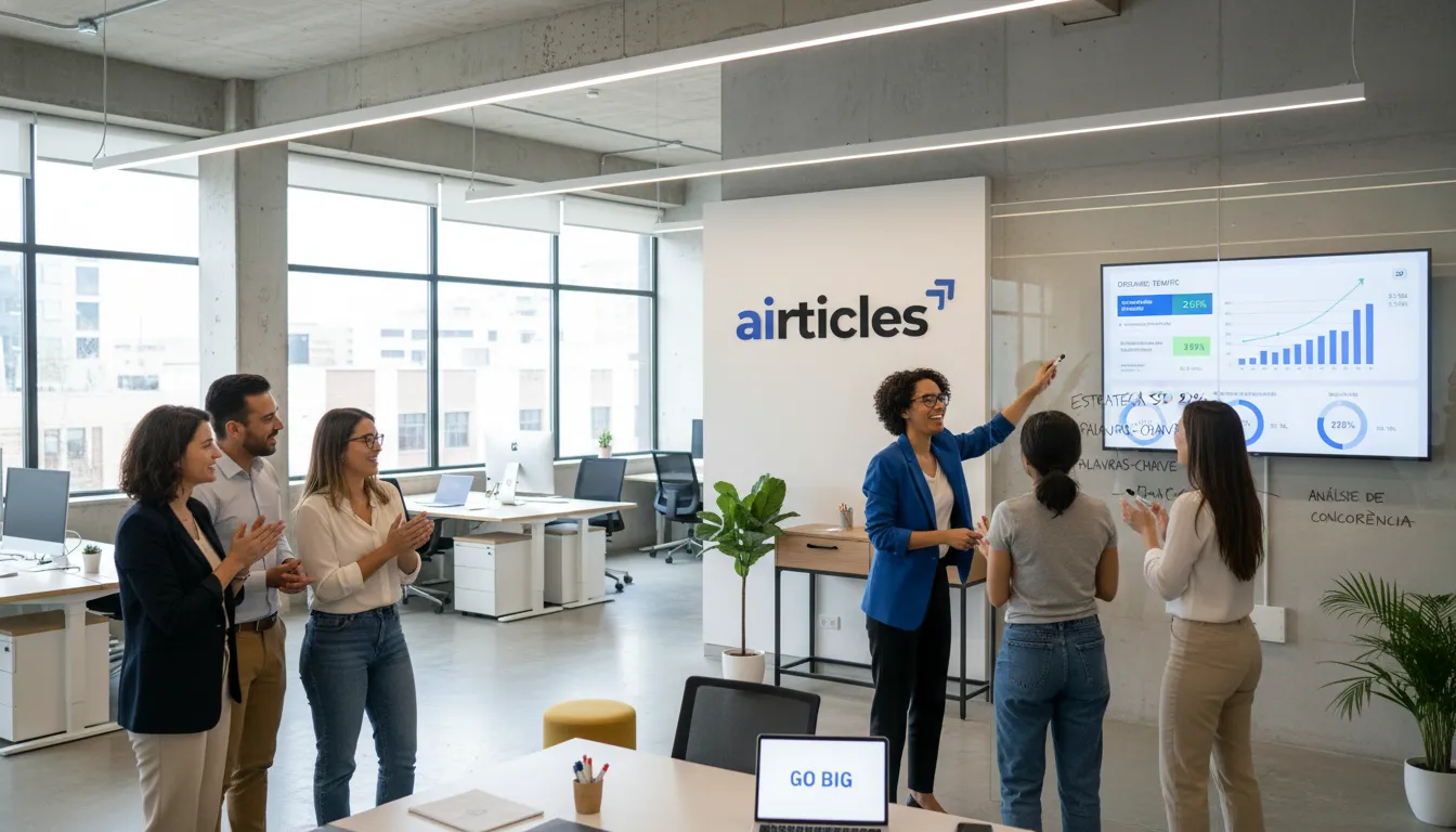 Equipe engajada analisando dados e planejando como melhorar seu ranking SEO rapidamente em um escritório moderno.