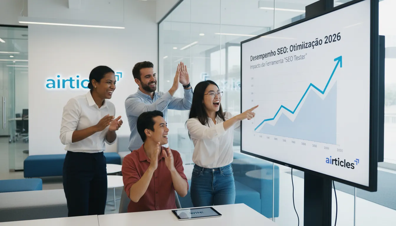 Equipe celebra resultados positivos de otimização SEO em tela grande, mostrando o sucesso do seo tester.