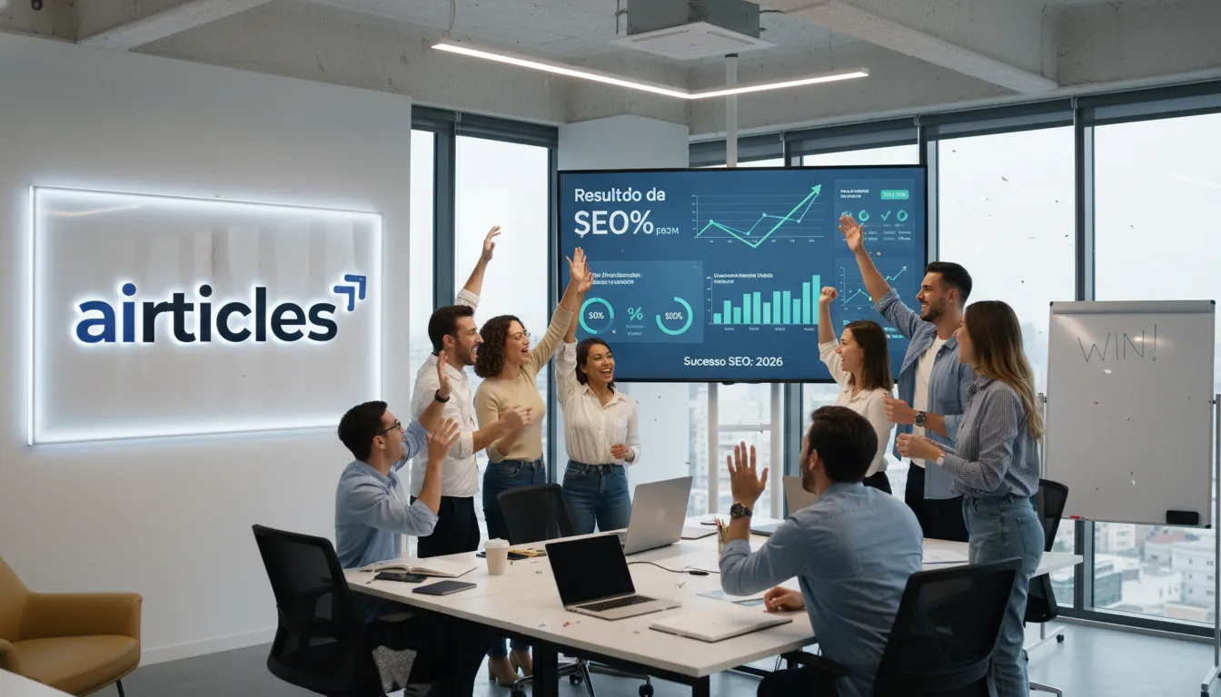 Equipe celebrando resultados positivos e sucesso em como melhorar seu ranking SEO rapidamente em ambiente tech.
