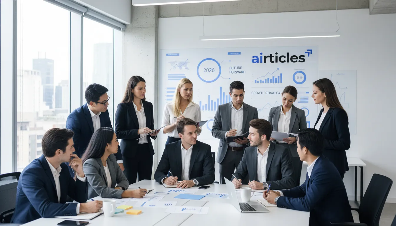Equipe diversa em ternos Jos A. Bank colaborando em escritório moderno, planejando estratégias para 2026.
