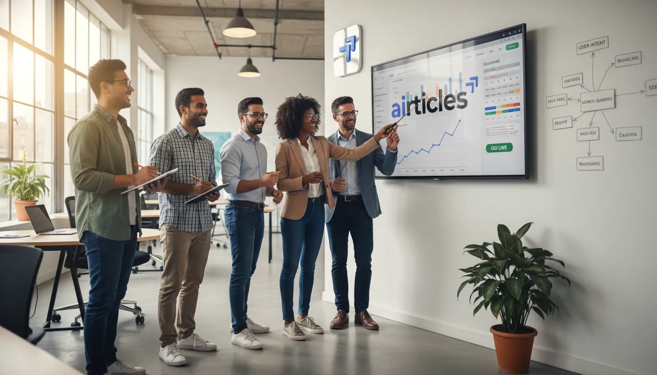 Equipe feliz em escritório FAANG, colaborando em estratégias e melhores práticas em web dev SEO.