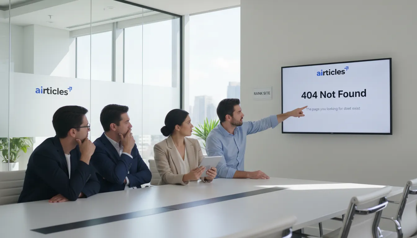 Equipe de negócios olhando tela com erro 404, indicando falha em site de rank.