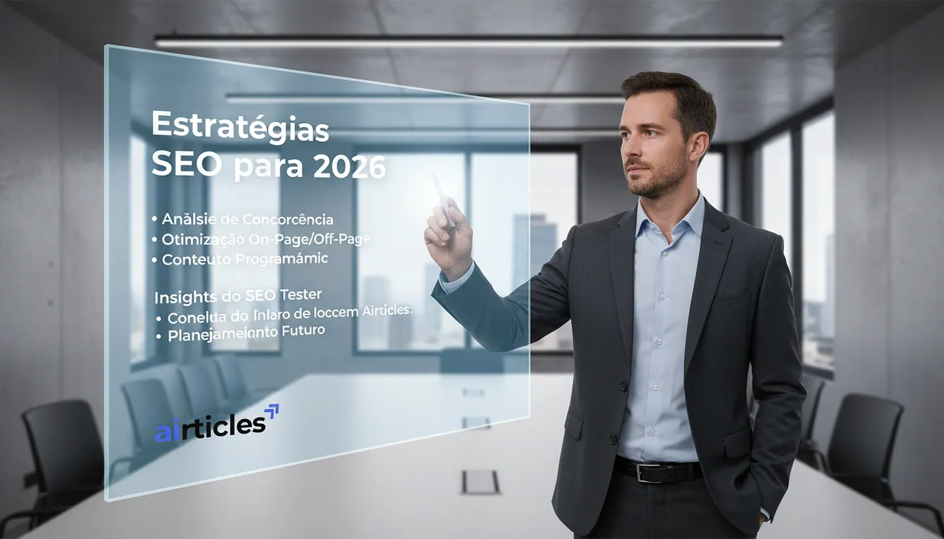 Especialista em SEO planeja estratégias futuras com base em insights do seo tester em uma sala de reuniões high-tech.