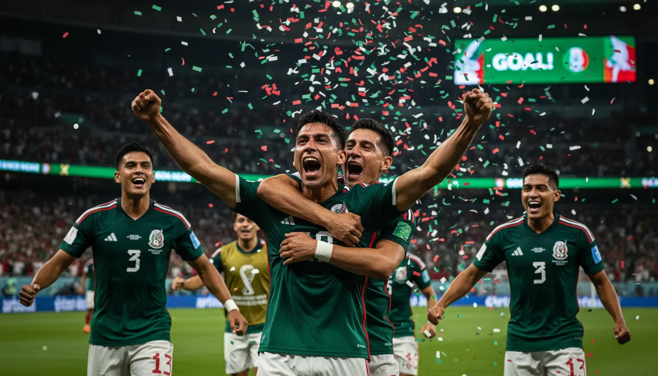 Jogador da seleção mexicana de futebol comemora gol, cercado por companheiros e torcida vibrante no estádio.