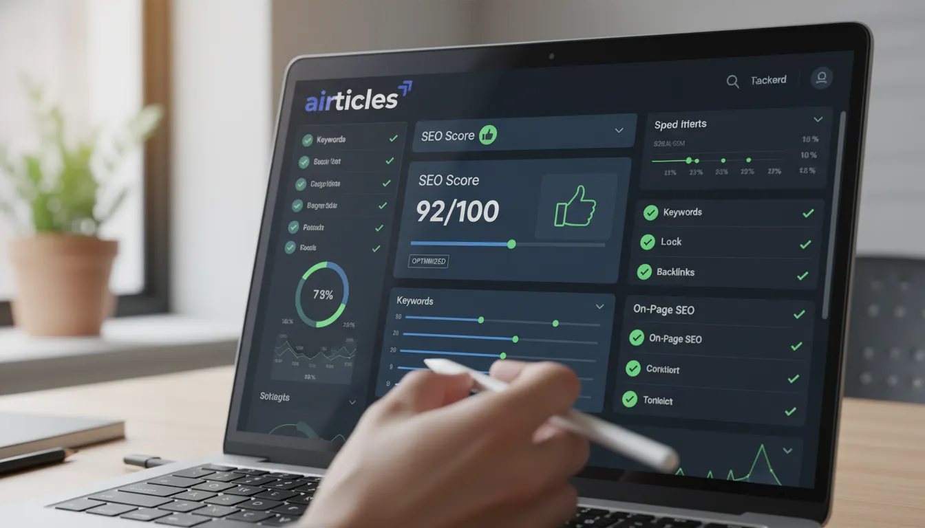 Mão aponta para tela de laptop exibindo ferramenta de teste SEO com pontuação alta. Foco em análise digital.