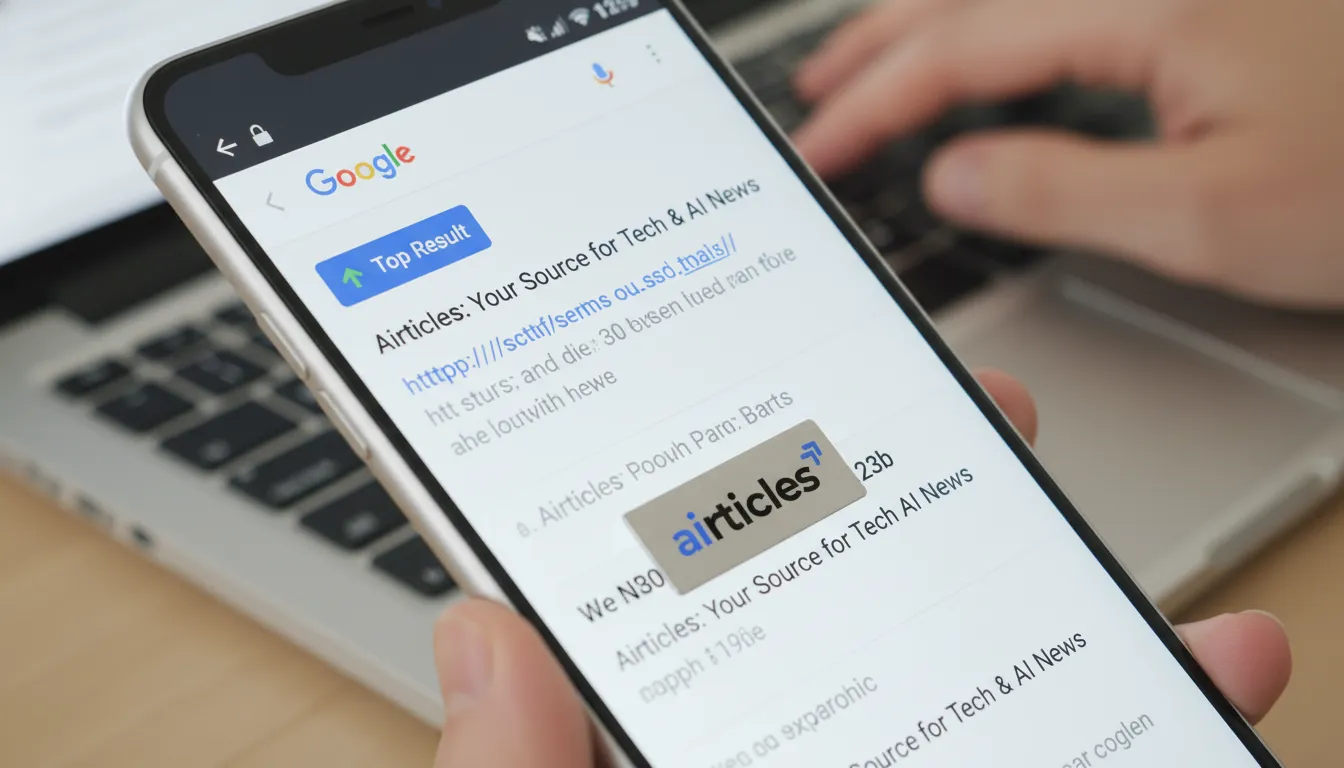 maos-digitando-smartphone-ranking-google.webp Mãos digitando em laptop com smartphone exibindo ranking Google alto para Airticles, simbolizando sucesso em SEO.