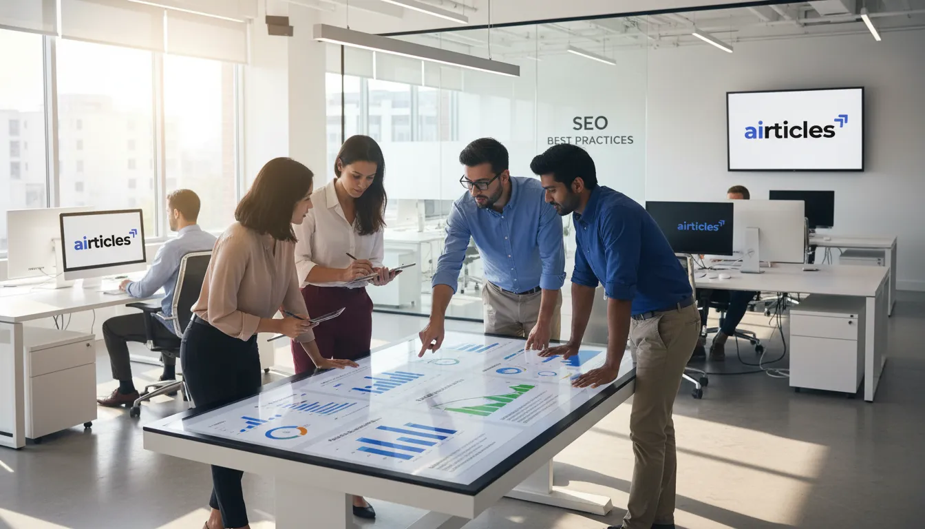 melhores-praticas-web-dev-seo-estrategia.webp Profissionais discutindo melhores práticas em web dev SEO com dados, destacando otimização e estratégia.