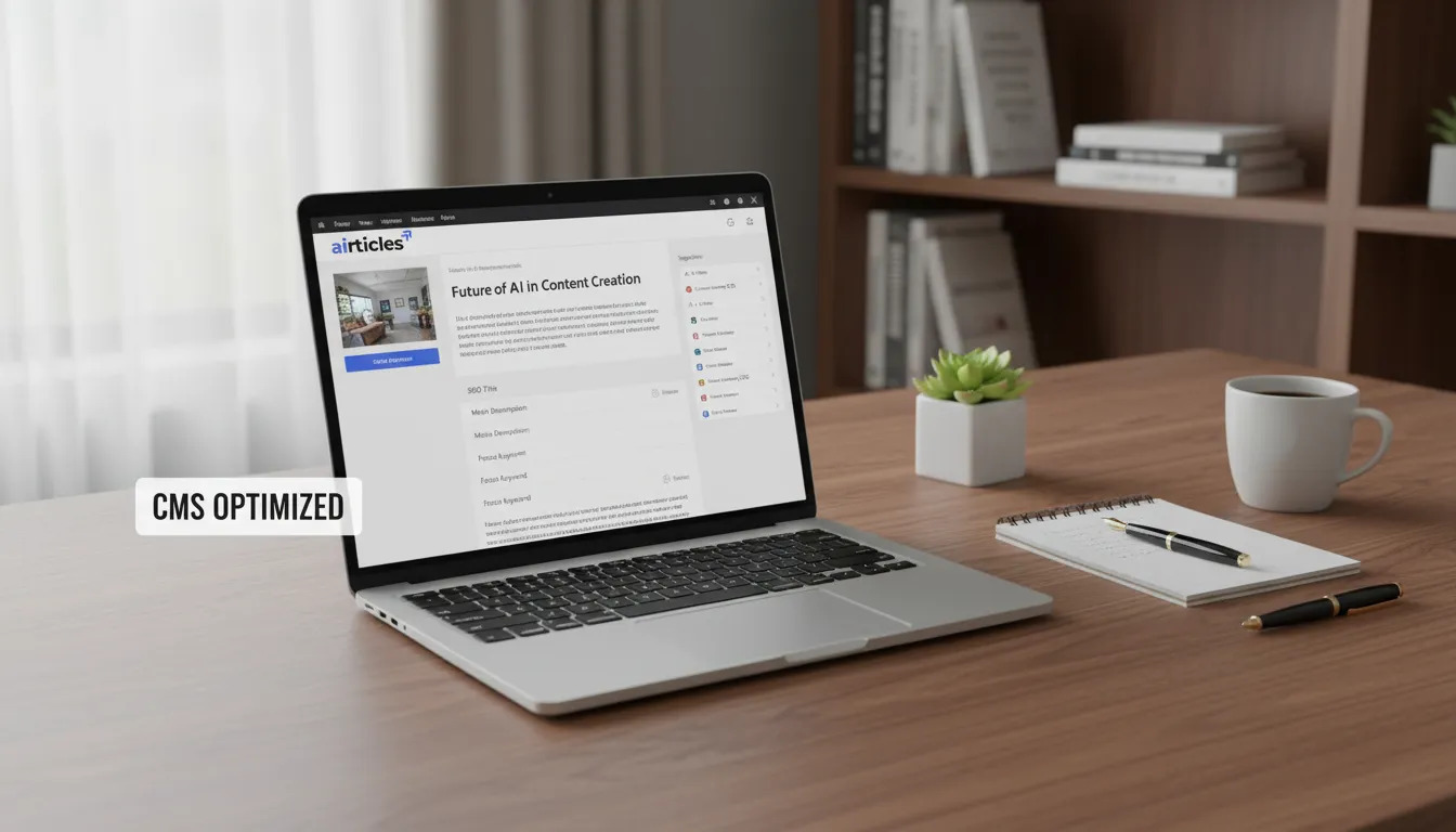 Mesa organizada com laptop exibindo CMS, planejando conteúdo otimizado para um site de rank eficaz e relevante.