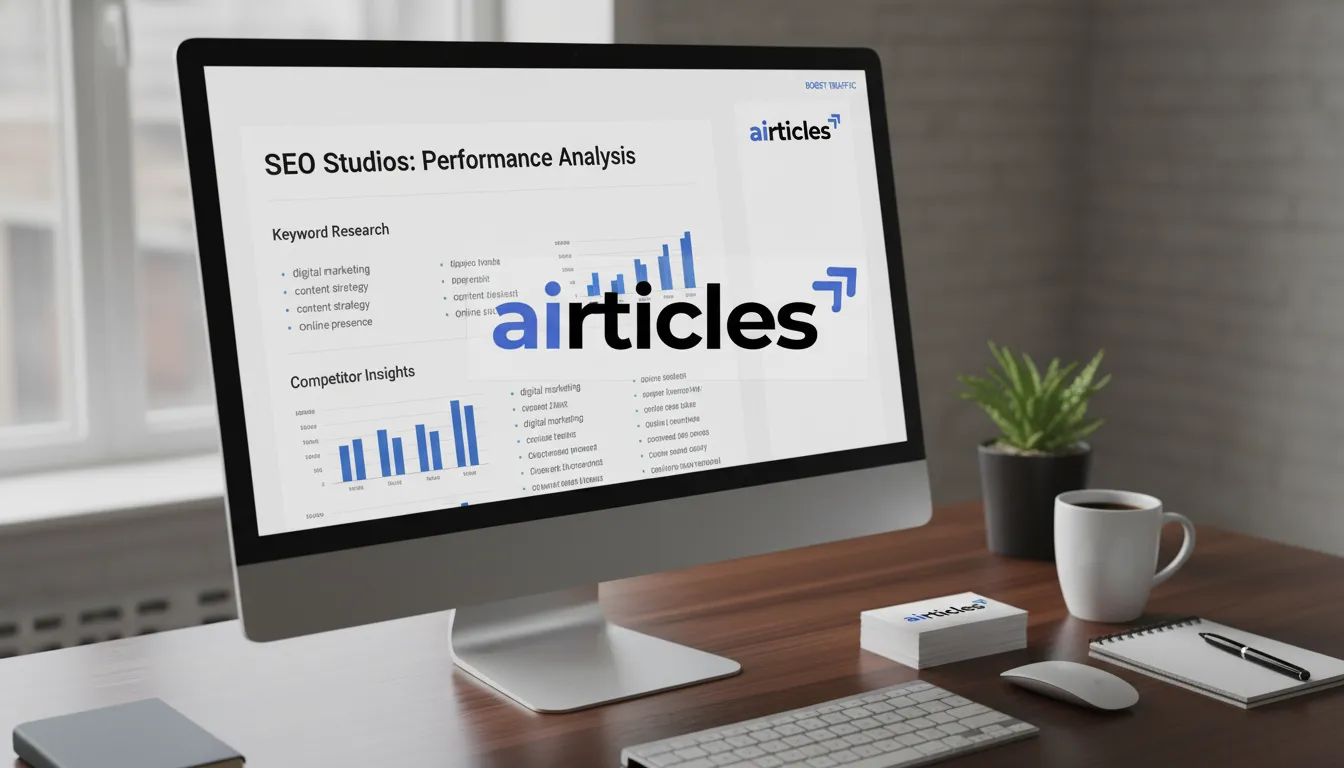 Mesa organizada com monitor exibindo relatório detalhado do SEO Studios e cartões da marca Airticles.