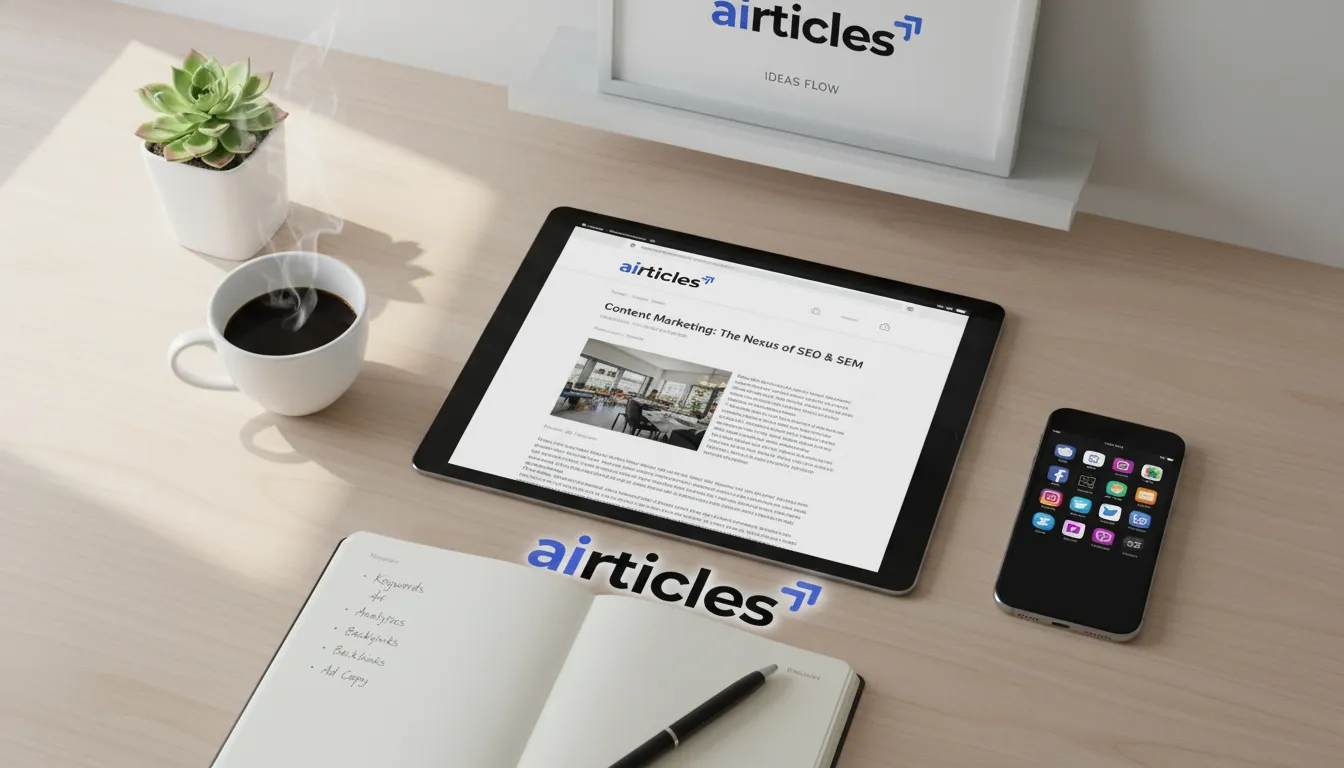 Mesa de trabalho com tablet exibindo artigo sobre SEO e SEM, simbolizando a criação de conteúdo otimizado.