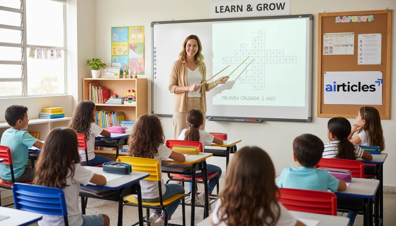 Professora sorridente guia alunos do 2º ano com palavra cruzada projetada em lousa, aprendizado interativo.
