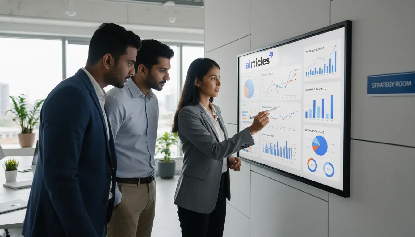 Profissionais analisando dados em tela interativa, discutindo estratégias para melhorar ranking Google e SEO.