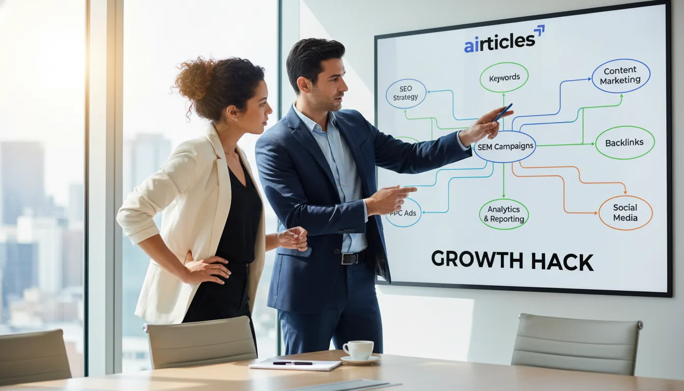 Profissionais discutem estratégias de SEO e SEM em um painel digital interativo, planejando o futuro do marketing.
