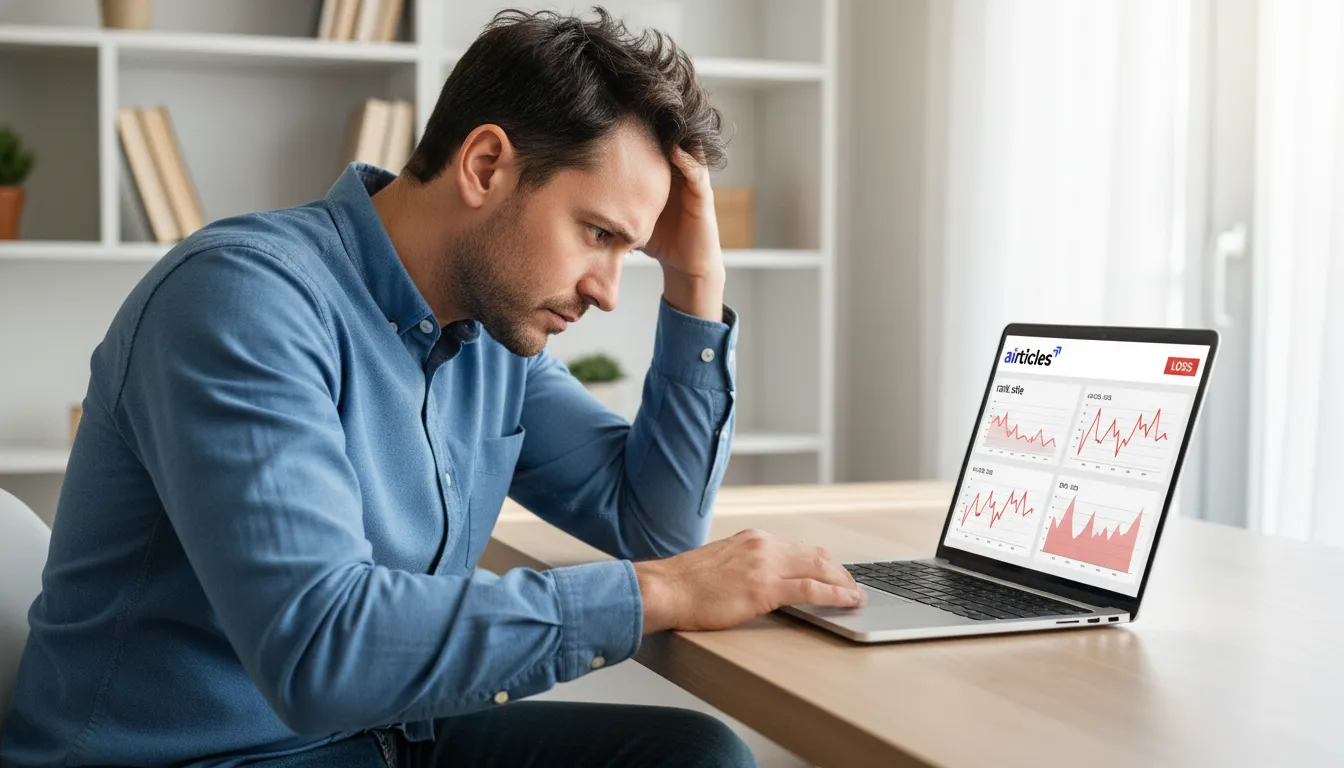 Profissional frustrado olhando tela de computador com dados negativos de um site de rank.