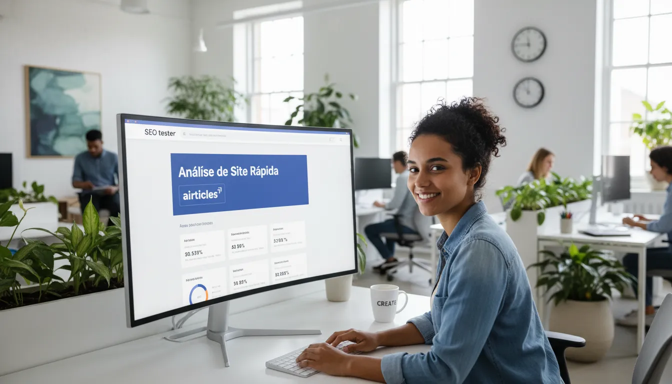Profissional sorrindo ao usar um seo tester em um escritório moderno, otimizando o site com facilidade e eficiência.